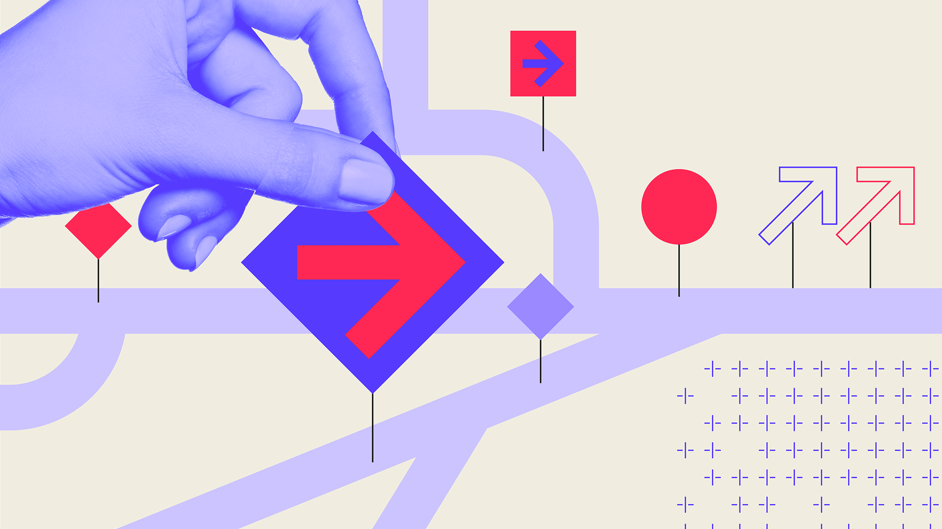 Eine Hand platziert ein blaues Symbol mit einem roten Pfeil auf einem grafischen Weg, um Navigation oder Richtung darzustellen