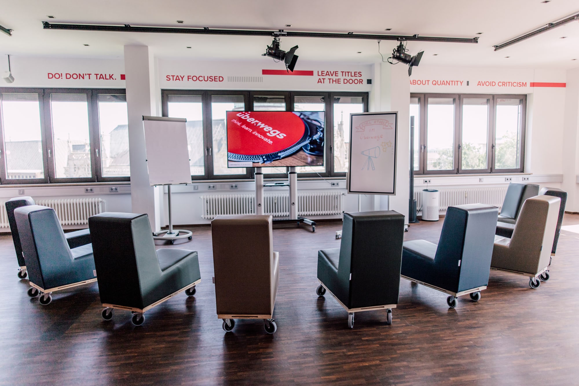 Ein moderner Seminarraum mit Stühlen in einem Kreis, einem Flipchart und einem Bildschirm, auf dem "überwegs" steht
